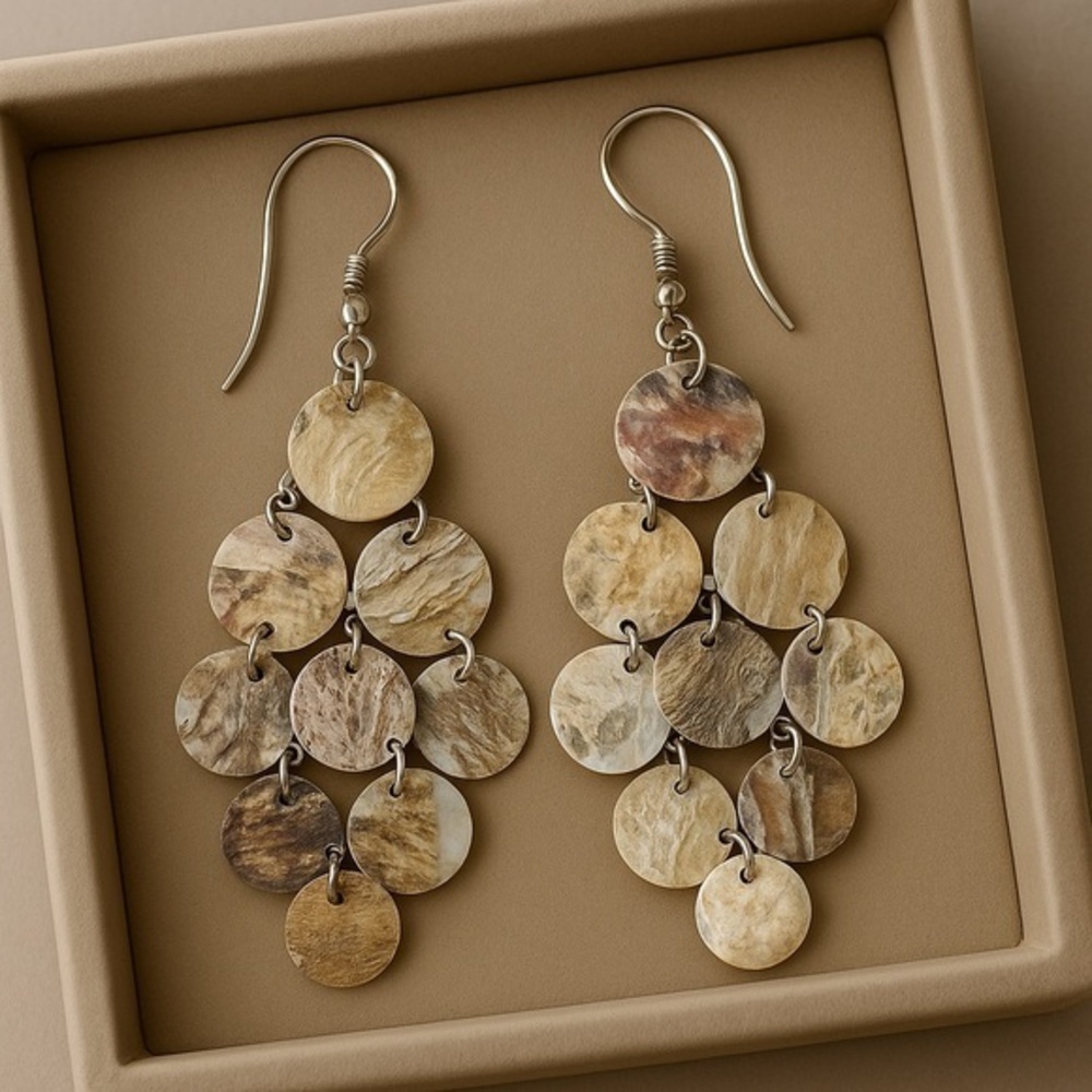 Premier Designs 3" Coin Style MOP Shell Drop Earrings Faux MOP EUC FLAW #004